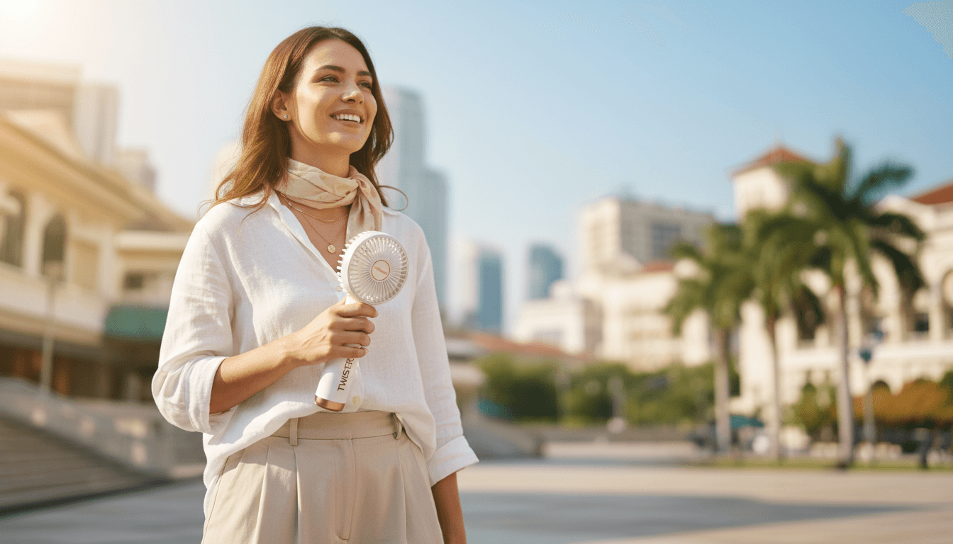 Modern woman using LivaViva Twister Handheld Fan while traveling
