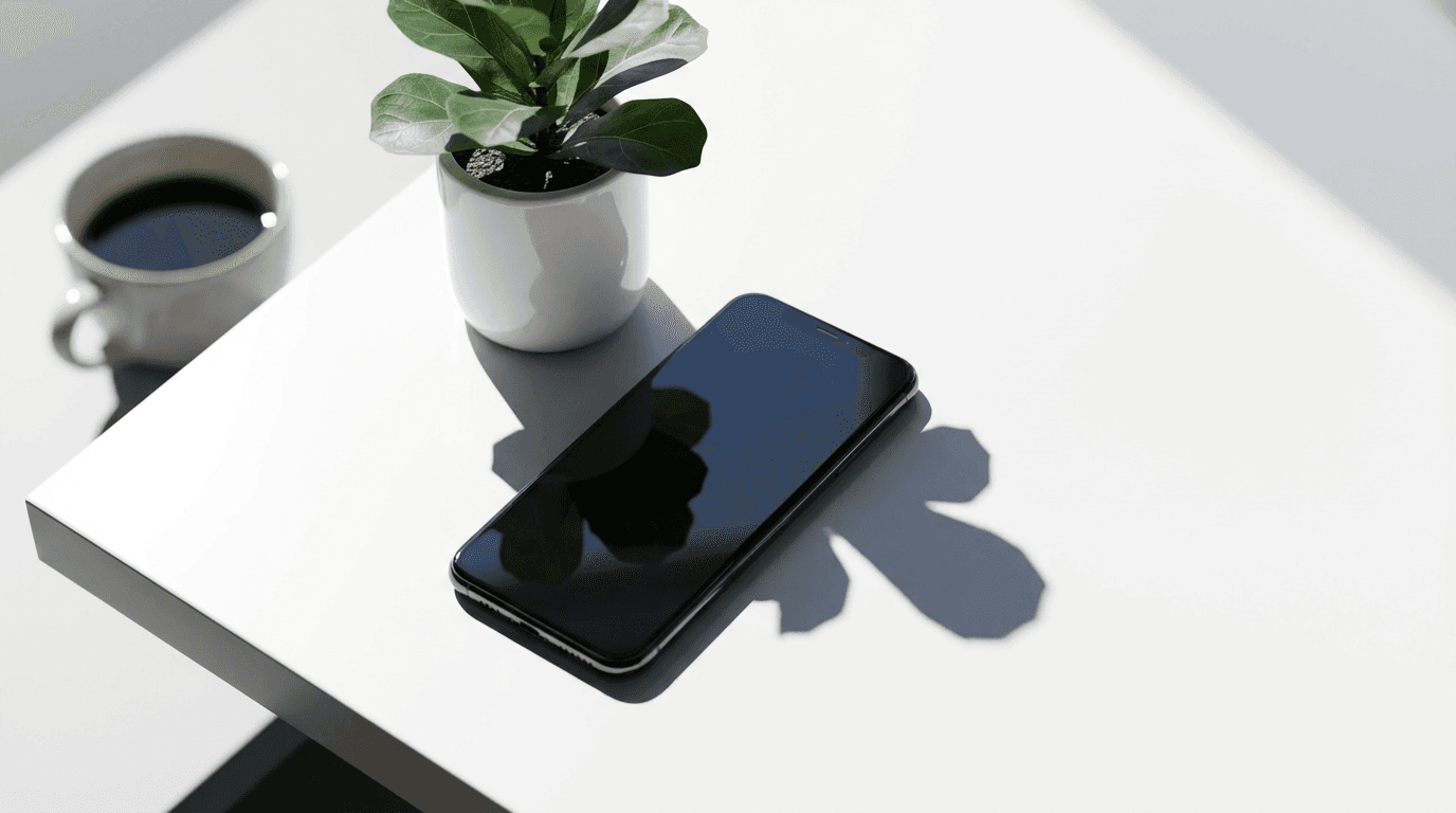 Minimalist workspace with smartphone showing contact form and LivaViva Twister Fan with natural lighting