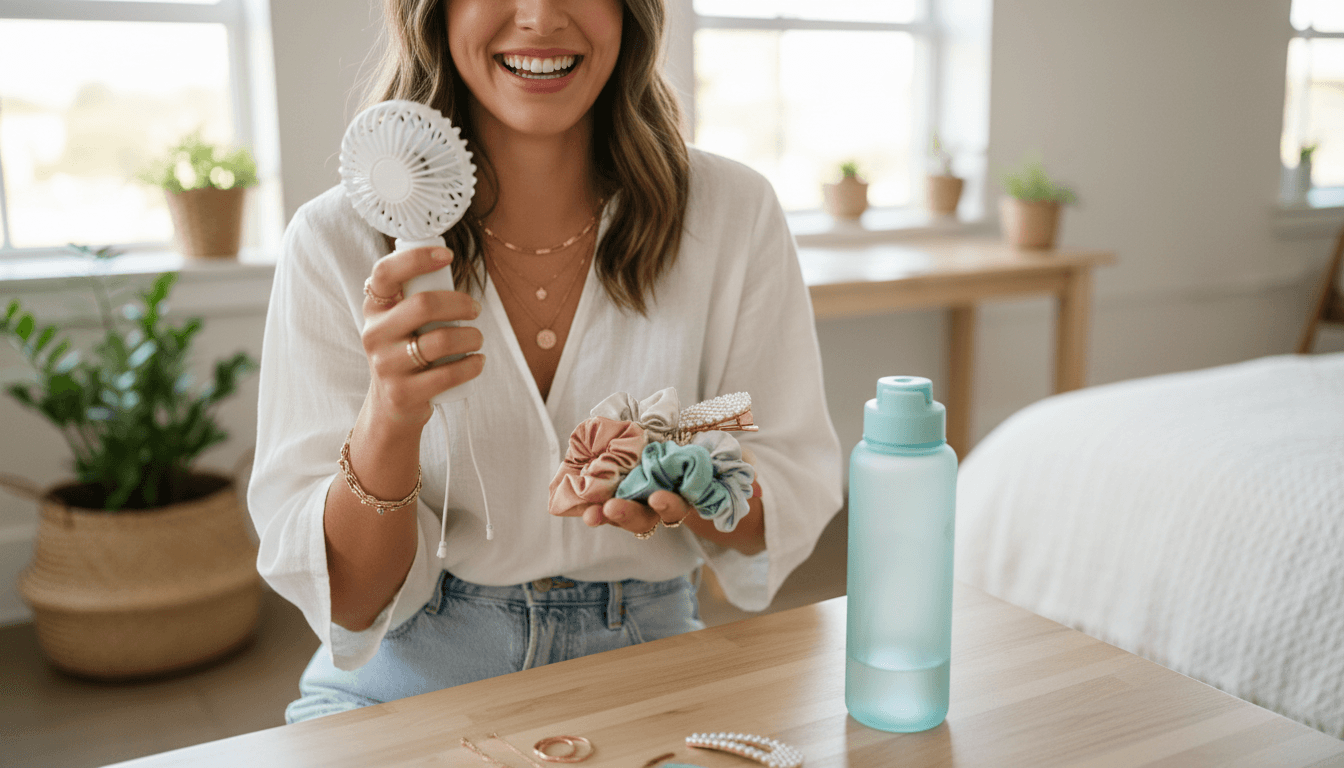 Modern woman holding a sleek portable handheld fan while on the move in natural daylight