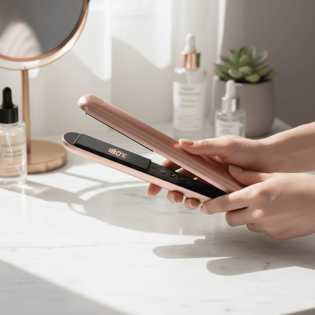 LivaViva's Twister Handheld Fan and Mini Portable Hair Straightener displayed on a marble surface with natural lighting