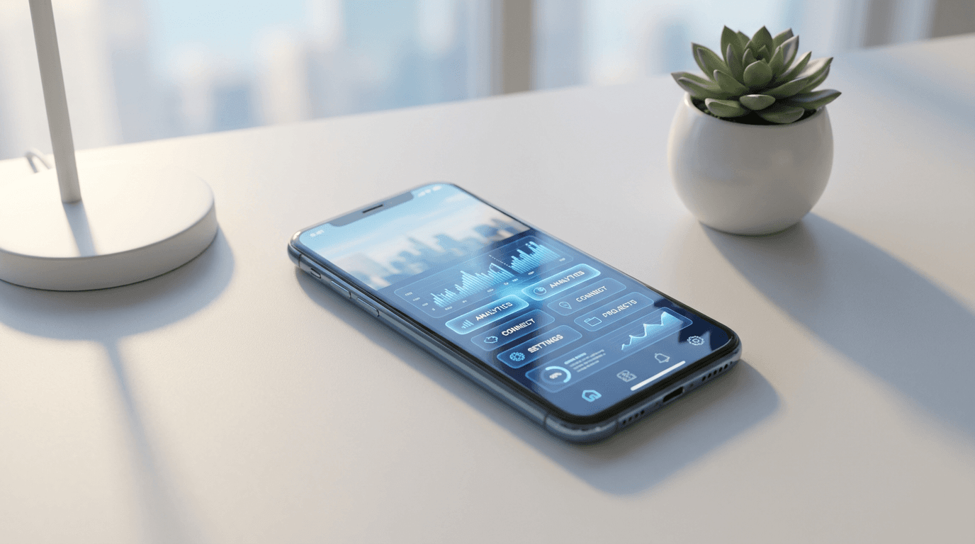Woman at a minimalist desk with smartphone contact interface and LivaViva product nearby