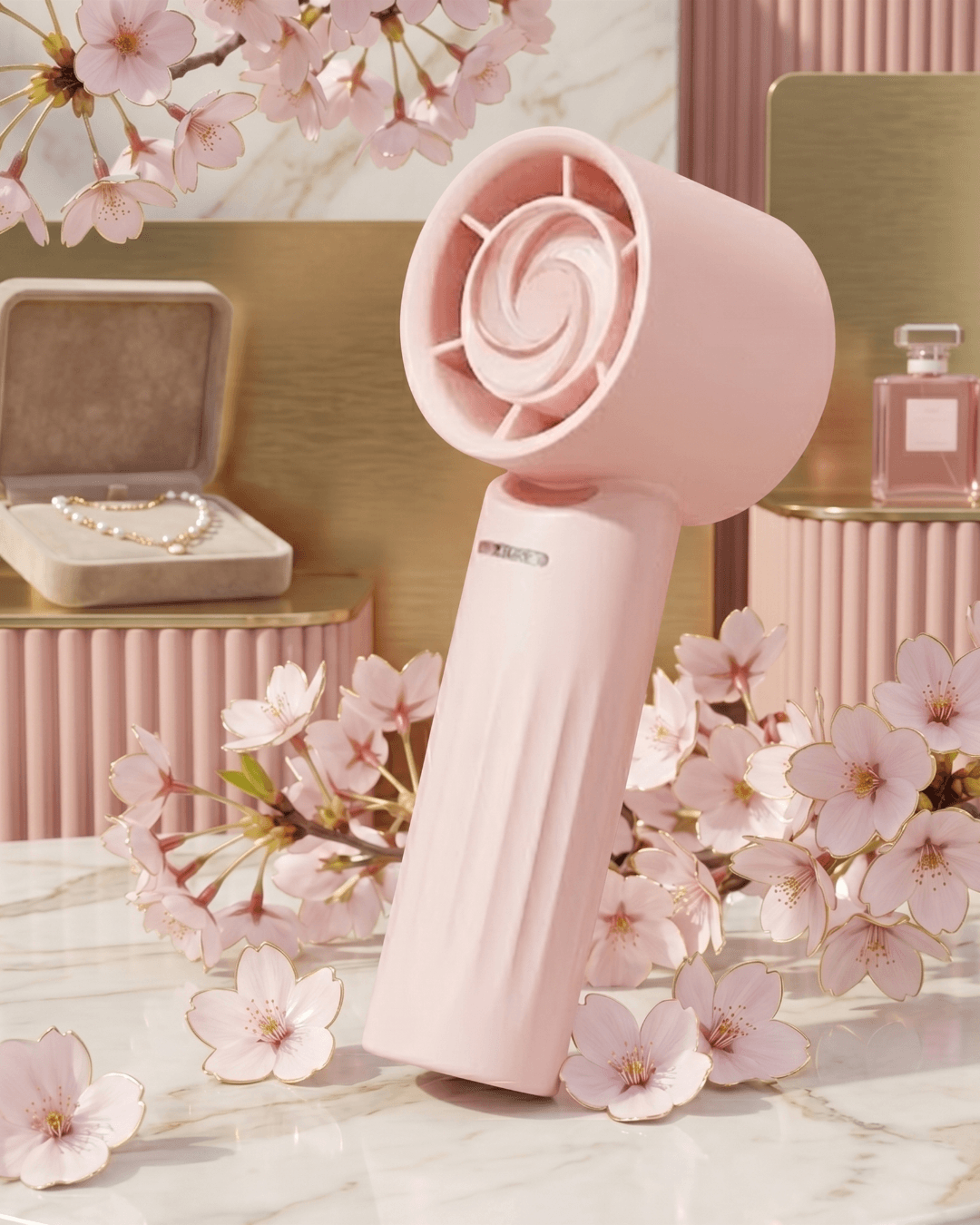 Pink handheld fan surrounded by cherry blossoms, a pearl necklace, and a perfume bottle.